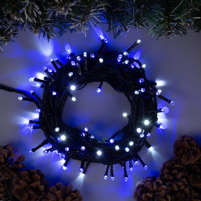 Гирлянда "Нить" 10 м IP44, тёмная нить, 100 LED, свечение бело-синее, мигание 1079991