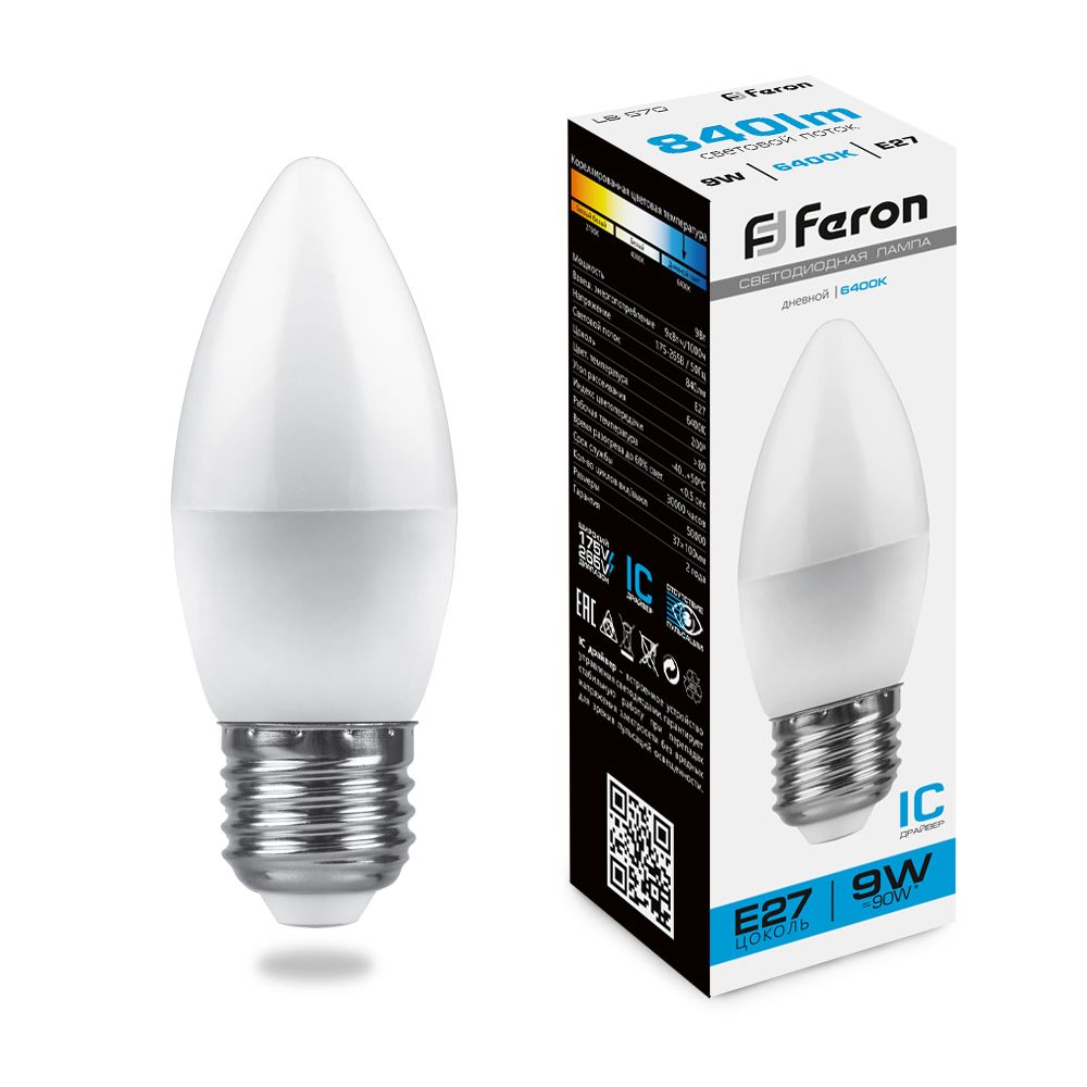 Лампа светодиодная 9W E27 свеча матовая 220v 6400K Feron LB-570 25938