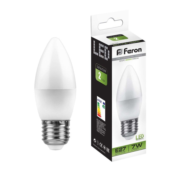 Лампа светодиодная 7W E27 свеча матовая 220v 4000K Feron LB-97 25759