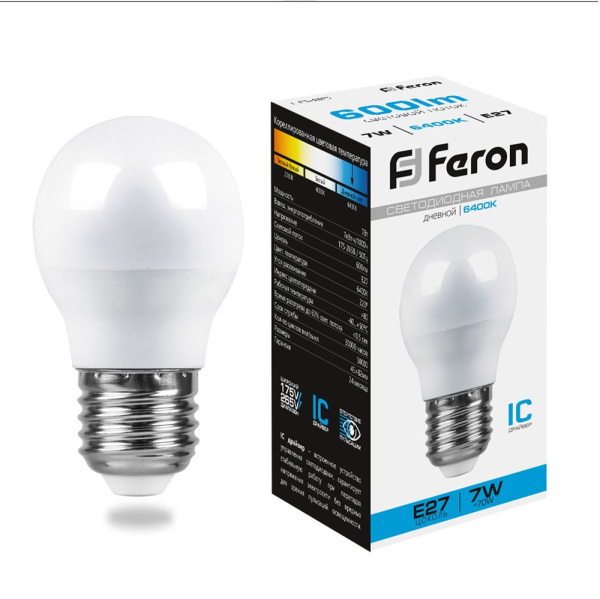 Лампа светодиодная 7W E27 шар 6400K 220v Feron LB-95 25483