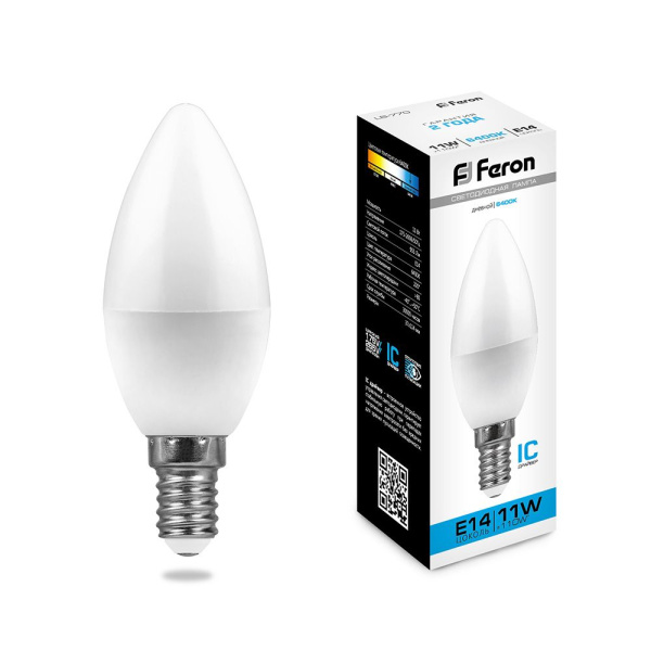 Лампа светодиодная 11W E14 свеча матовая 220v 6400K Feron LB-770 25943