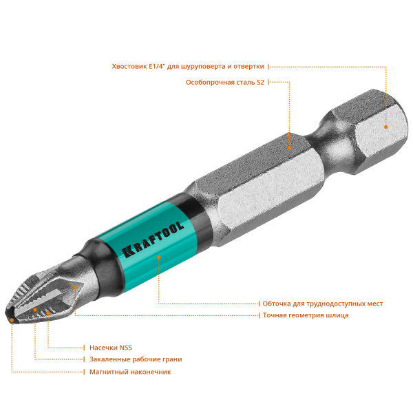 Бита, PH2х50 мм, хвостовик E 1/4″ Kraftool Optimum Line 26122-2-50-10