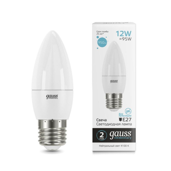 Лампа светодиодная LED 12Вт 950Лм 4100К 220В Е27 свеча Elementary Gauss / 30222
