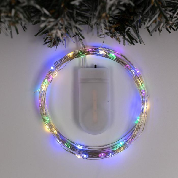 Гирлянда "Роса" 5м, серебристая нить, 50 LED, свечение мульти, питание 2*CR2032
