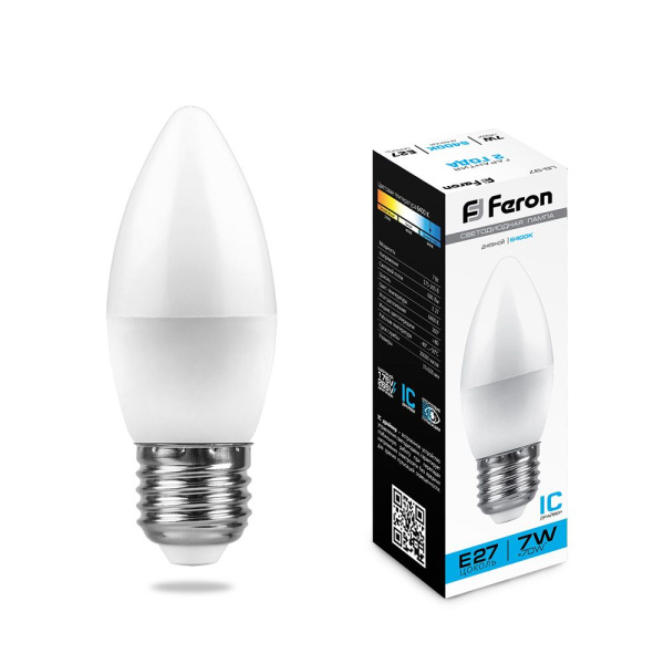 Лампа светодиодная 7W E27 свеча матовая 220v 6400K Feron LB-97 25883