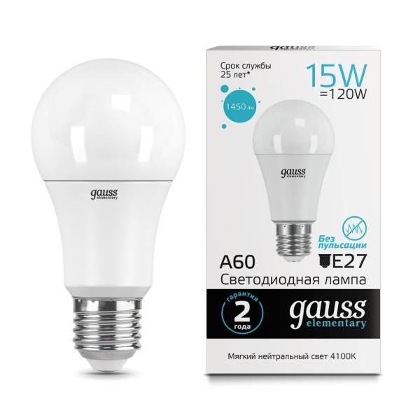 Лампа светодиодная LED 15Вт 1450Лм 4100К 220В E27 А60 Elementary Gauss /23225 